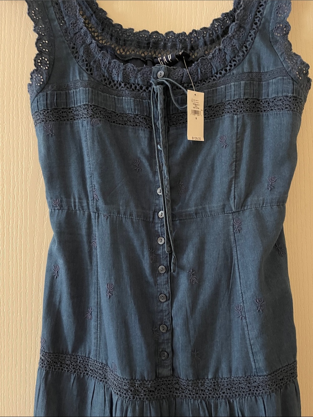 GAP Navy Sleeveless Lace trim  tiered midi dress , Sz S , New - Picture 5 of 10